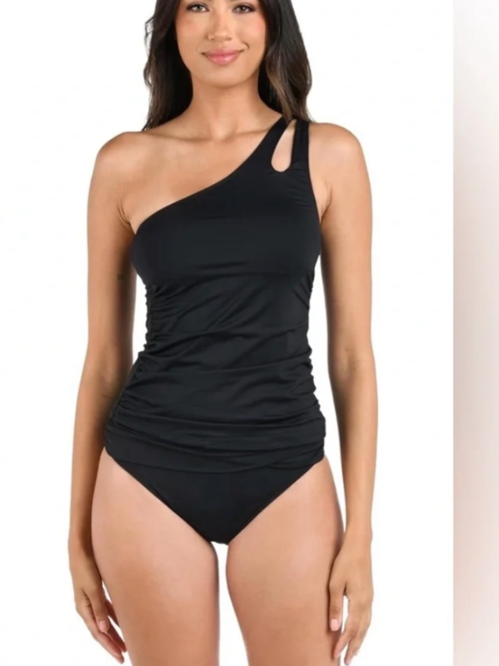 Women's La Blanca One Shoulder Keyhole Swim Tankini 16W Black NWT